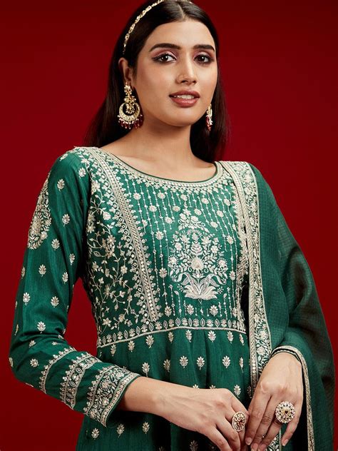 Buy Libas Art Bottle Green Embroidered Silk A-Line Kurta With Trousers ...