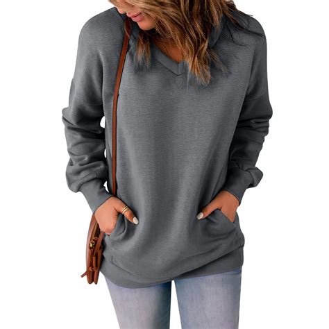 absuyy Womens Sweatshirts V Neck Casual Solid Color Comfortable Loose ...