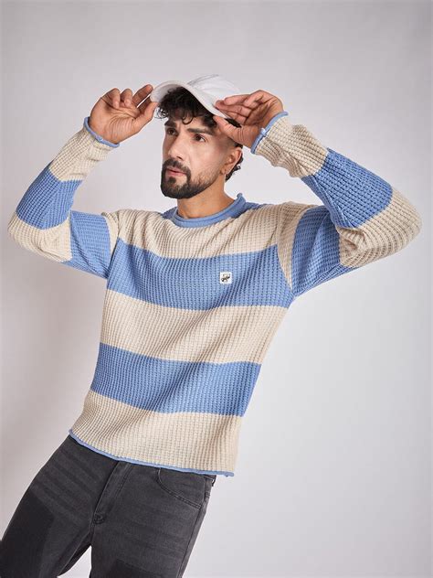 Sky & Cream Striped Raw Edge Sweater | Buy Mens Sweaters | Fugazee ...