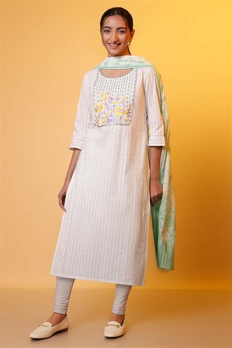 Buy White Floral Printed Pure Cotton Straight Kurta with Churidar Set ...