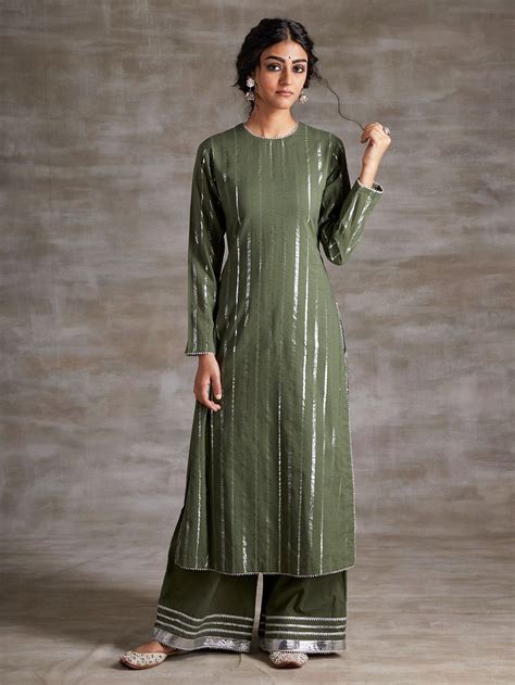 Buy Olive Green Cotton Lurex Kurta with Palazzo- Set of 2 ...