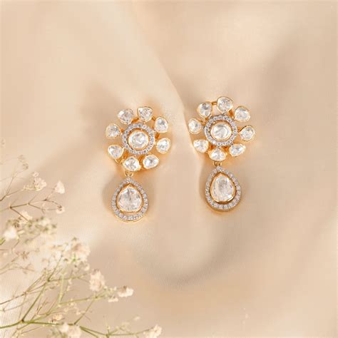 Noor Floral Polki Drop Silver Earrings – WarqJaipur