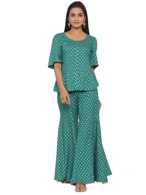 Buy Juniper Green Rayon Printed Peplum Top Palazzo Set at Amazon.in