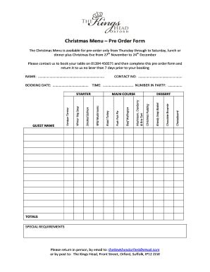 Christmas Menu Pre Order Form - Blank Fillable Template | Fill Out ...