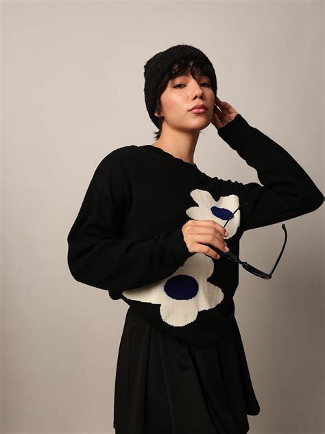 Black Printed Jacquard Knit Pullover