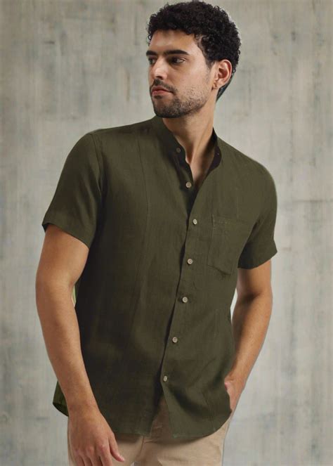 Moss Green Pure Linen Mandarin Collar Half Sleeve Shirt – Linen Trail