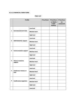 Fillable Online FINANCIAL FORM PRICE LIST Profile Price/hour Price/hour ...