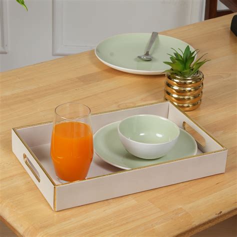 Leather Serving Tray with Gold Trim Rectangle Beige - Large – HOME 360