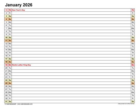 January 2026 Calendar | Templates for PDF, Excel and Word