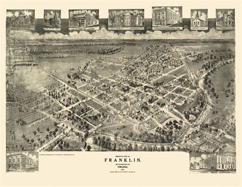 Historic Panoramic View - Franklin Virginia - Fowler 1907 - 29.76 x 23 ...