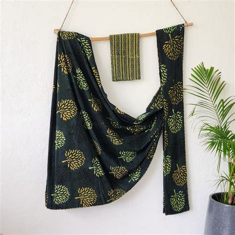MADHU - Pure Cotton Ajrak Dark Green Hand Block Printed Saree – Sanskruti