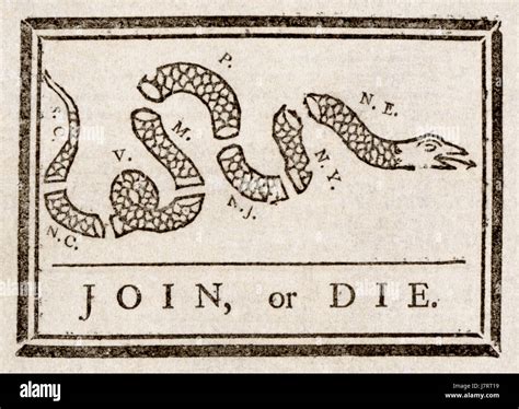 The 'Join, or Die' illustration, created by Benjamin Franklin in 1754 ...