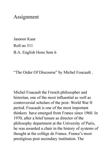 Michel Foucault roll no 511 - Assignment Jasnoor Kaur Roll no 511 B ...