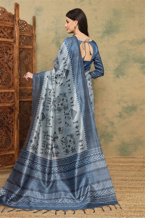 944002 Cotton Silk Warli Print Saree with Kantha Embroidery Border | S ...