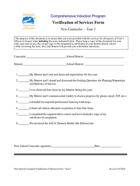 Fillable Online Verification of Services Form for New Counselors Year 1 ...
