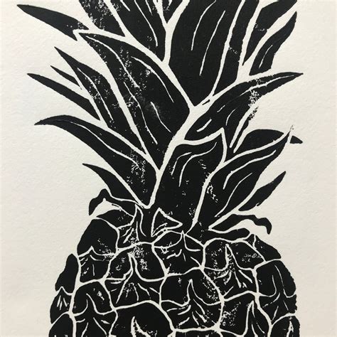 Black & White Lino Print of a Pineapple - the funky fruit! Deep black ...