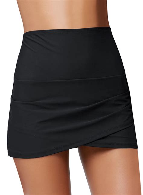 luvamia Women's Stretchy Black Swim Skirts Tulip Hem Shirring Swimsuit ...