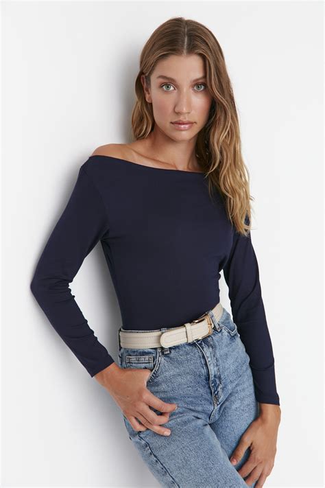 Trendyol Collection Navy Blue Fitted Long Sleeve Boat Neck Viscose ...