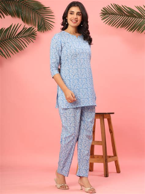 Sky Blue Serenity Floral Pure Cotton Co-ord Set – VEDANA
