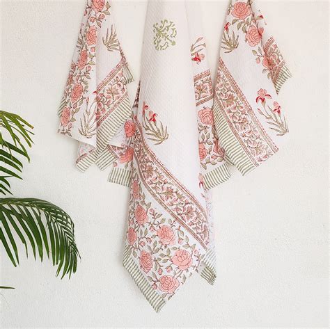 Pure Cotton Hand And Bath Towel Set Block Printed In White A Peach Pat ...