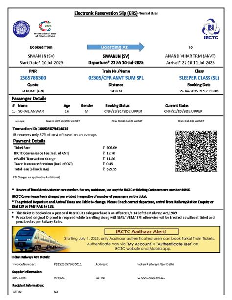 Edited Ticket 647 - Electronic Reservation Slip for Train SIWAN JN to ...