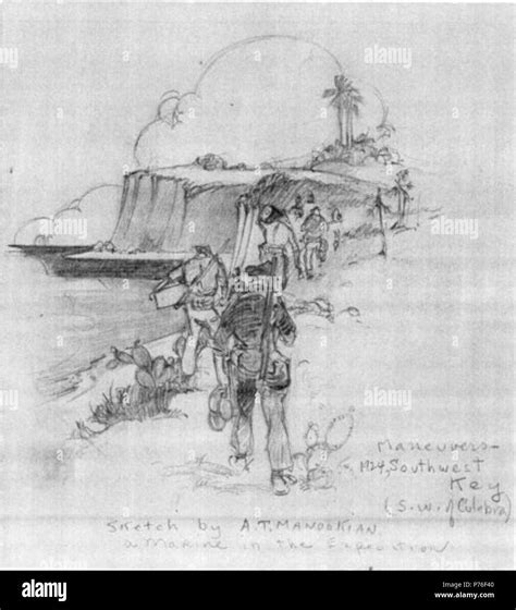 English: Winter Maneuvers near Culebra, 1924, ink drawing by Arman ...