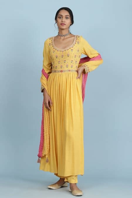 Buy Yellow Cotton Voile, Rayon Slub Floral Scoop Neck Embroidered ...