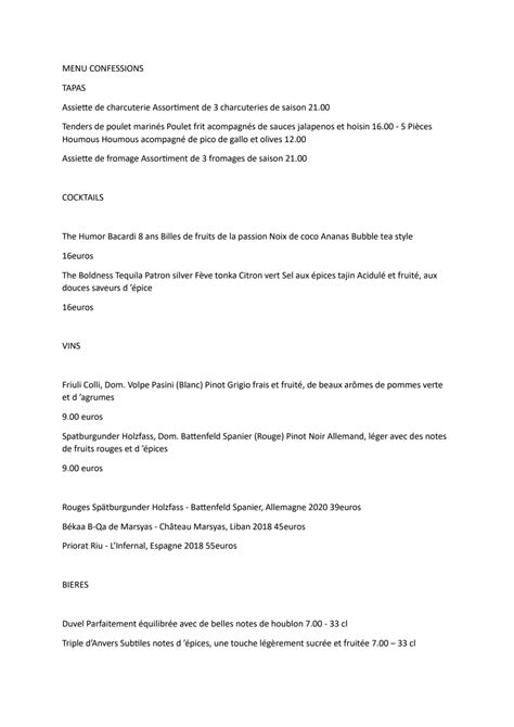 Carte et Menus 2024 - Confessions à Ixelles | TheFork