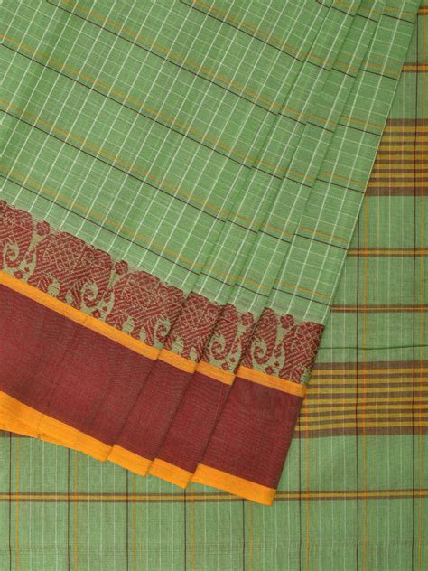 Light Green Narayanpet Cotton Handloom Saree with Elephant Border Desi ...