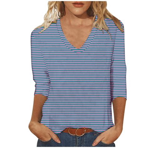 Jewelreauty Women Striped 3/4 Sleeve Shirts V Neck Elbow Length Tunic ...