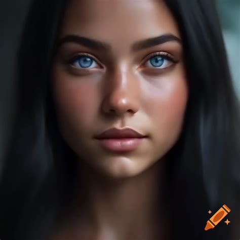 Photorealistic portrait of a young woman with long dark hair, wearing a ...