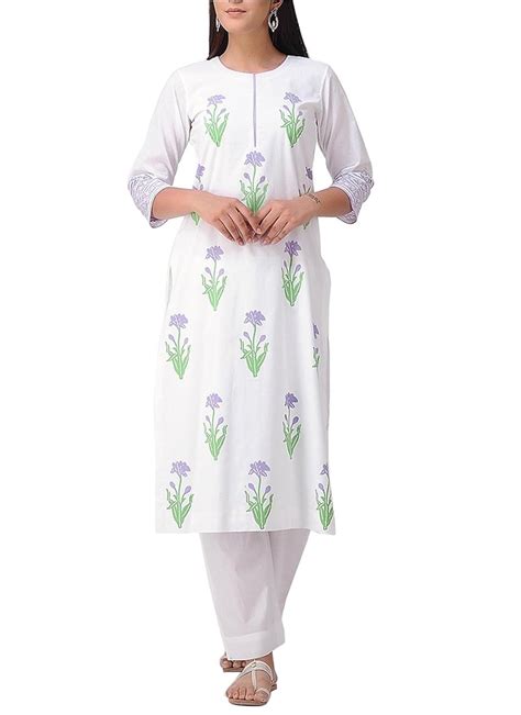 Buy TAILOR AND I Ivory-Lilac Block-printed Cotton Kurta with Dori ...
