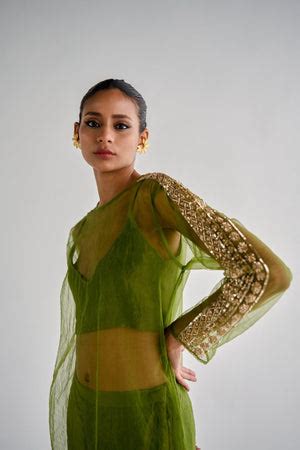 OLIVE GREEN NET KURTA SET