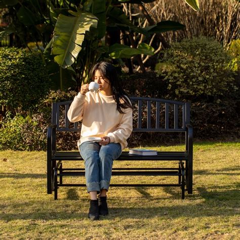 Gardenised Black Steel Outdoor Park Bench with Arms and Back, 50-inch ...