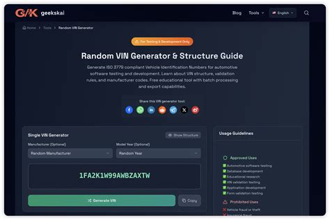 Random VIN Generator - Vehicle Identification Numbers | ISO 3779 Compliant