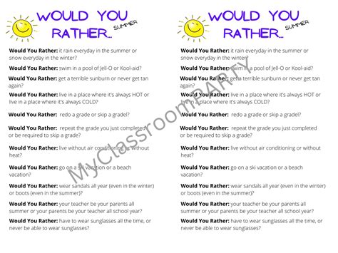 Would You Rather Summer Printable - MyClassroomParty