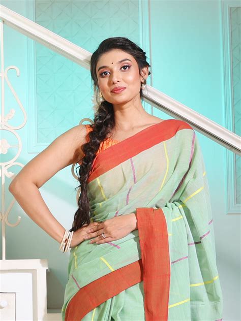 Mint Green Cotton Handwoven Saree With Stripes Pattern And Texture mot ...