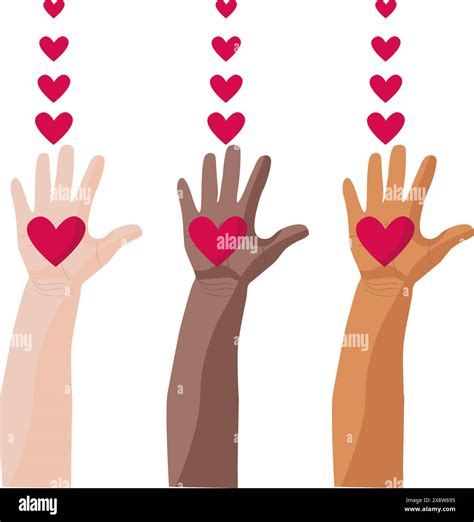 Flat vector illustration of hands of different nationalities holding ...