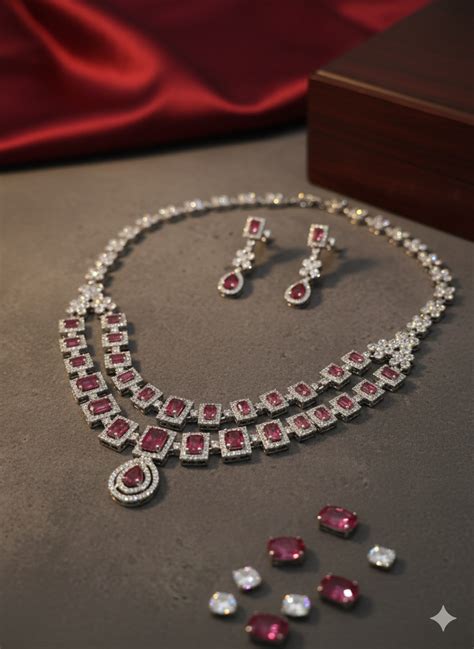 Women's Red American Diamond With Earrings Jewellery Necklace Set For ...