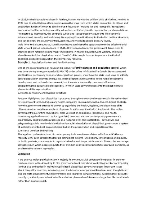 Foucault's Biopower: Analyzing Control in Indian Governance - Studocu