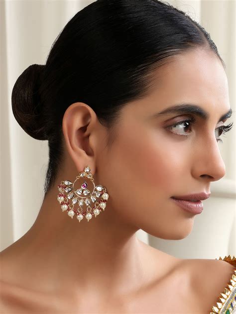 Gold Plated Red Handcrafted Brass Polki Earrings