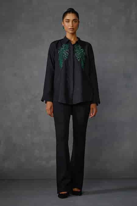 Buy Black Silk, Voile Sequins, Beads Collared Winter Floral Embroidered ...