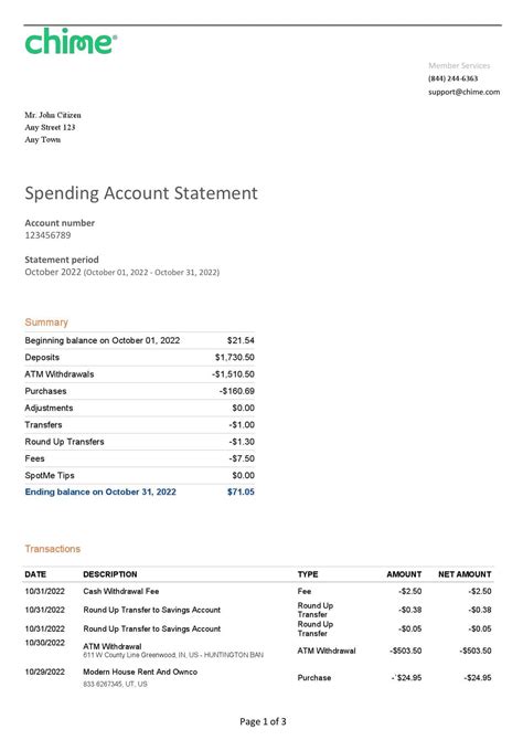 Chime Bank Statement