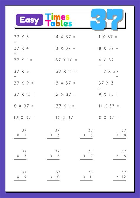37 Times table - Multiplication table of 37 for children