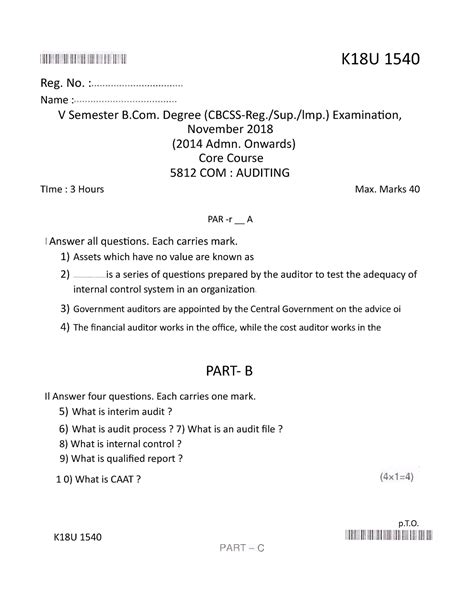 Auditing 2018 - Question paper - K18U 1540 Reg. No. : Name : V Semester ...