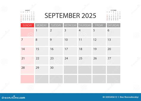 Calendar for September 2025. the Week Starts on Sunday Stock Vector ...