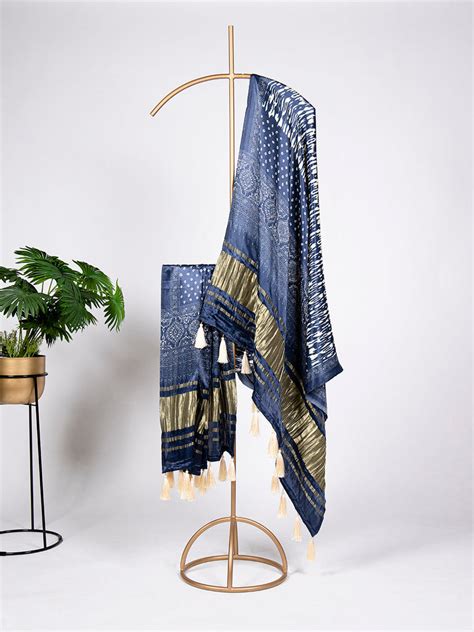Navy Blue Color Digital Print And Lagadi Patta Gaji Silk Dup