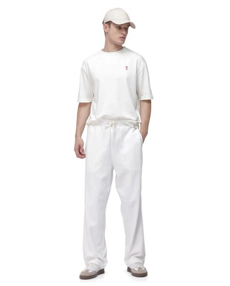 Rare Rabbit Men Dalton Off White Cotton Elastane Fabric Baggy Fit Plai