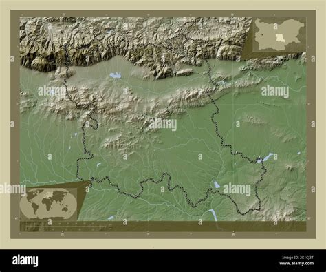 Stara Zagora, province of Bulgaria. Elevation map colored in wiki style with lakes and rivers ...