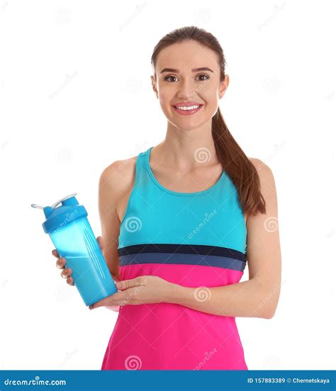Athletic Young Woman with Protein Shake on White Stock Image - Image of athletic, female: 157883389